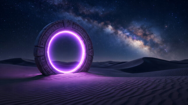 Portal, Desert. Illustration of mystical portal in the desert with dunes, milky way in the sky Generative AI