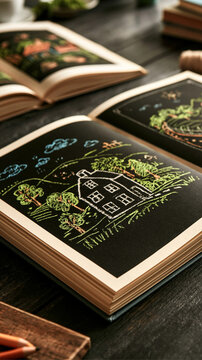 Artistic Scratchboard Illustrations: An open book showcases intricate scratchboard art of a charming house and surrounding landscape, hinting at stories waiting to be discovered.