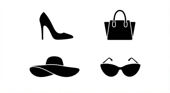 Women's fashion accessories icons vector set featuring a high heel shoe, handbag, sun hat, and sunglasses.