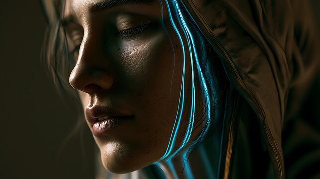 Prompt: A cinematic Renaissance close-up portrait of a priestess. Fine, laser-sharp lines of blue Cherenkov radiation pulse gently along her jawline and temples. Single side light source creates 