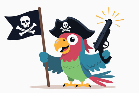 Cute cartoon parrot dressed as a pirate wearing a hat, holding a jolly roger flag and a classic flintlock pistol.