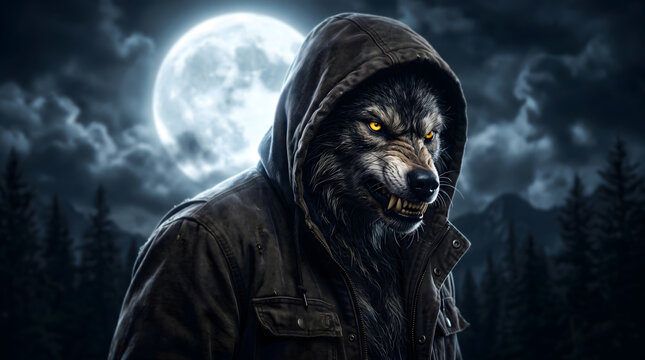 Werewolf, Full-Moon. Wolf man, werewolf with jacket and hood, moon in the background Generative AI