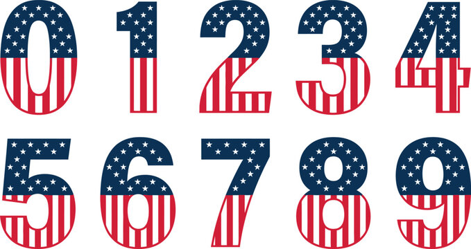 Set of numbers zero through nine featuring american flag texture perfect for veterans day and patriotic graphic design projects