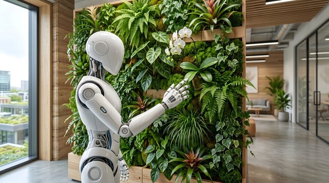 Humanoid robot interacting with biophilic sustainable design