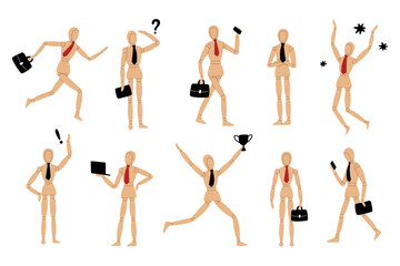 Fototapeta premium Businessman wooden mannequin poses. Artist reference model with office accessories, smartphone, briefcase and laptop, teamwork and success presentation garish vector cartoon isolated set