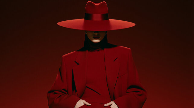 Red Muse: A mysterious figure, adorned in a striking red hat and matching ensemble, poses against a monochromatic red backdrop, exuding an aura of enigmatic allure and sophisticated style.