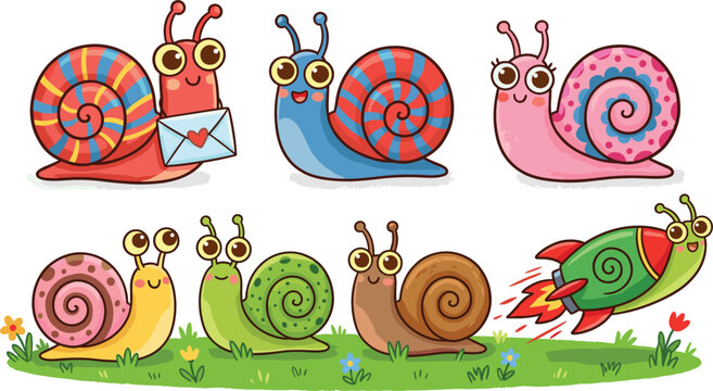 Cute Snail Vector Character Set, Cartoon Rocket Snail and Love Letter Snail Sticker Collection Isolated on White Background