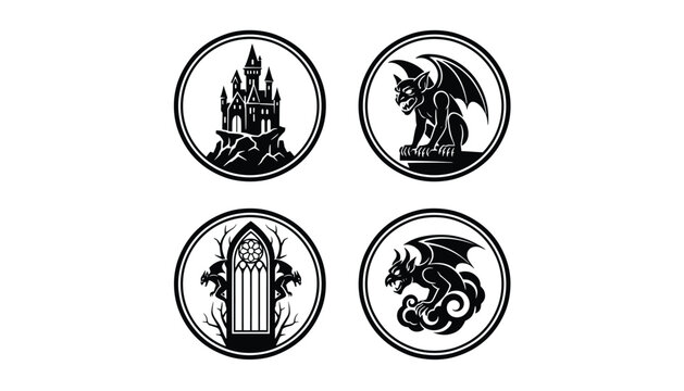 Gothic fantasy icons set inside circles, showing a medieval castle, scary gargoyles, and cathedral window in black and white.