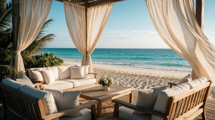 Obraz premium Luxury beach cabana with comfortable white sofas, wooden coffee table. Open lounge area faces turquoise ocean water on sunny day. Tropical resort patio features beige curtains blowing in wind.