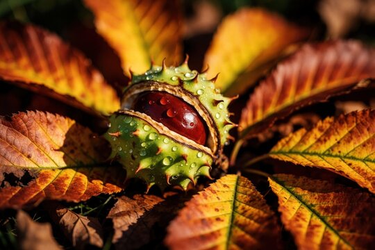 Brown horse chestnut fruit sits inside open green spiky shell on ground. Raindrops cover prickly husk, yellow orange autumn leaves in forest. Macro view of shiny nut with water beads during fall