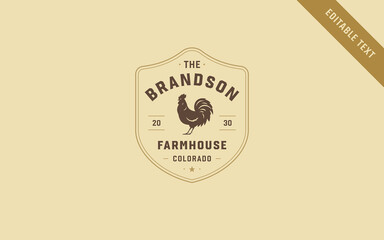 Retro cockerel shield badge vector logo template with editable text empowers organic poultry farms seeking authentic vintage brand identity through a classic brown minimalist design © provectors