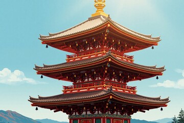 Fototapeta premium Traditional Japanese pagoda tower stands against bright blue sky. Red wooden multi story temple structure with ornate roofs, gold detail features classic oriental architecture. Scenic historic