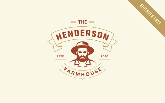 Retro bearded farmer portrait ribbon badge vector logo template with editable text assists local organic growers establishing trusted brand identity in classic rustic brown line art