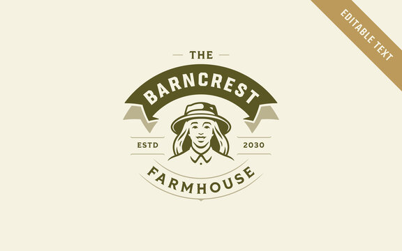Natural agricultural female emblem vector logo template with editable text guides local organic food producers to attract eco-conscious shoppers via a vintage green circular badge design