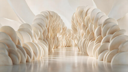 Obraz premium Soft cream abstract corridor formed by stacked circular disc sculptures, warm minimal interior