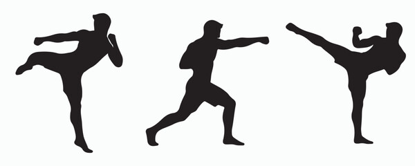 Modern black silhouette collection of martial arts athletes performing punches, high kicks, and fighting stances. Ideal for karate schools, taekwondo academies, MMA gyms, self-defense training, © MD Rokib Adobe