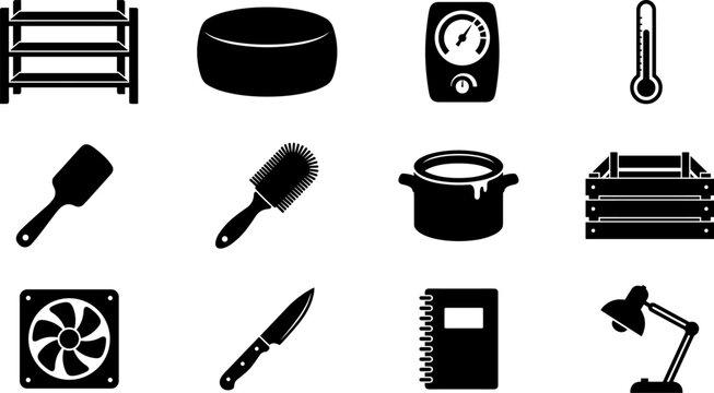 Cheese aging and cave storage equipment icon set featuring artisanal cheesemaking tools isolated on white background