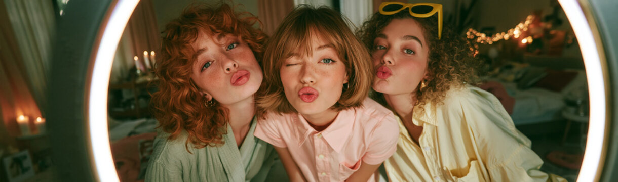 Friendship's Fun Moment: Three young women share a playful moment, posing for a selfie with puckered lips and winking eyes, surrounded by fairy lights and a ring light.