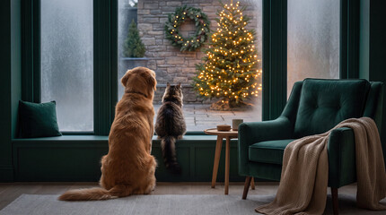 Obraz na płótnie Canvas Cat and golden retriever looking at a Christmas tree together
