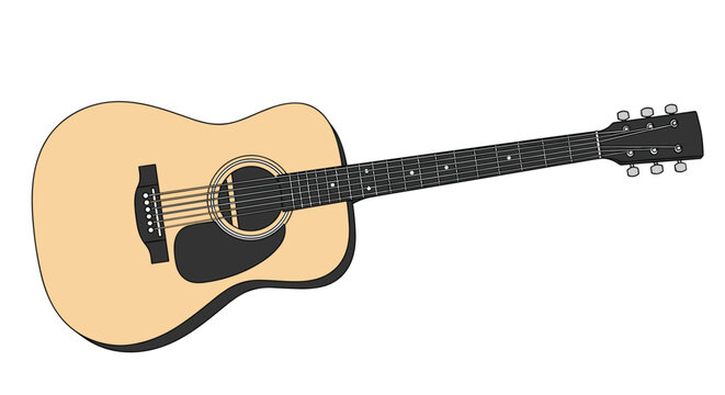 Detailed illustration of a classic acoustic guitar with a light wood body, black pickguard, and six strings in a diagonal view.