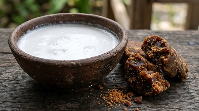 Fresh coconut milk in a clay bowl with traditional palm sugar chunks