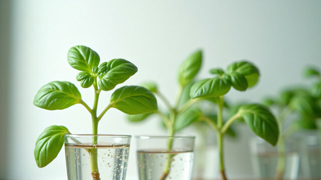 Hydroponic Basil Sprout in Glass Container for Sustainable Gardening