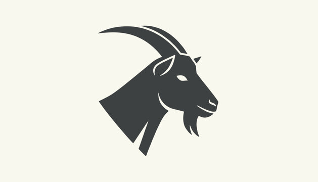 Modern graphic illustration of a goat head silhouette with long curved horns, isolated on a light cream background.