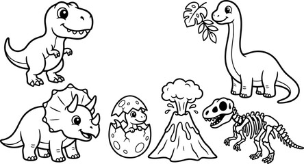 Cute dinosaur coloring page set featuring T-Rex triceratops egg volcano skeleton vector © Nurjahan