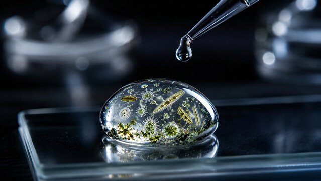 Scientist dropping sample onto slide with microorganisms. Bacteriologist researching bacteria in laboratory. Medical science, clinical trial, diagnostic testing and biological analysis.