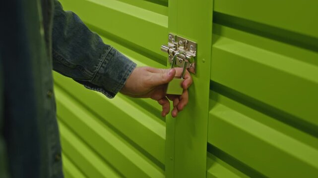 Closeup of unrecognizable man unlocking padlock on green metal door of self-storage unit. Clip is perfect for promoting secure storage, relocation, and logistics services