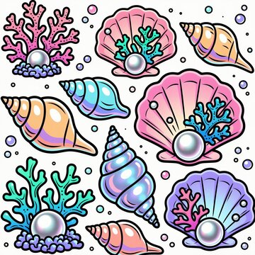 Cartoon stickers with colorful seashells pearls and coral reefs. Marine life elements on white background. Underwater treasures and ocean treasures collection for design.
