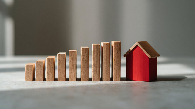 Rising Real Estate Value: A visual representation of increasing property value, with wooden blocks ascending in height towards a small red house, symbolizing growth and investment.