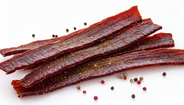 Several Thin Strips Of Dried Seasoned Beef Jerky Sprinkled With Spices Isolated On A White Background