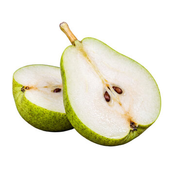 Crisp photograph of a vibrant green pear, perfectly halved lengthwise, revealing its fresh texture and brown seeds.
