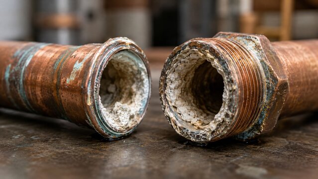 Old copper pipe with severe scale and mineral deposit buildup. Clogged metal plumbing showing calcification and pipe corrosion. Maintenance and repair concept for home water system.