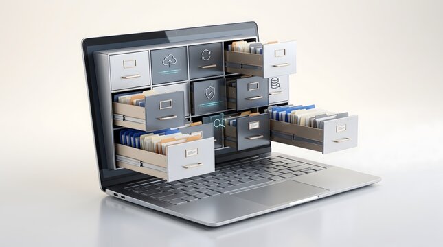 Digital filing cabinet with organized folders inside laptop screen
