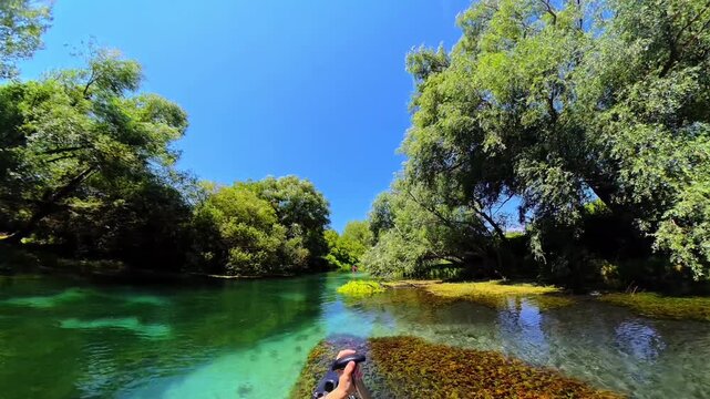 Scenic View of Crystal Clear Turquoise Water of Tirino River Surrounded by Green Trees in Capestrano, Abruzzo, Italy