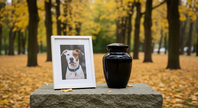 A memorial with a framed photo of a dog and an urn set on a stone structure outdoors