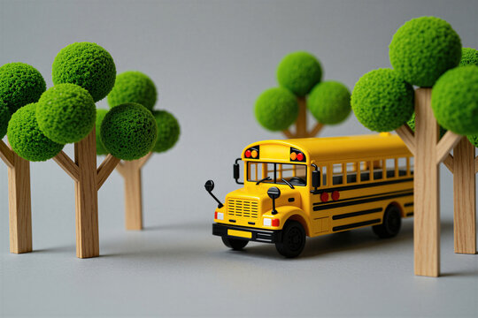 Yellow toy school bus travels on road among wooden green trees isolated on grey backdrop. Mini vehicle drive to primary education class. Kids transport concept for back to school banners. Small auto