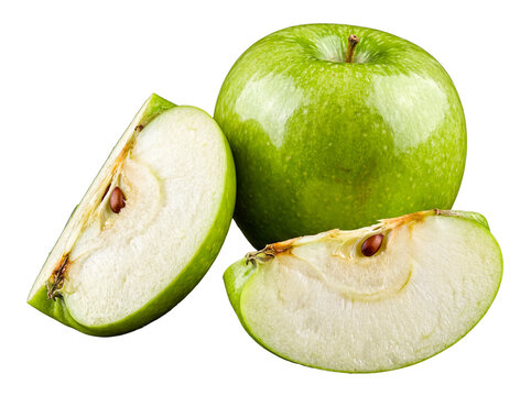 A perfect green apple accompanied by two meticulously cut slices.