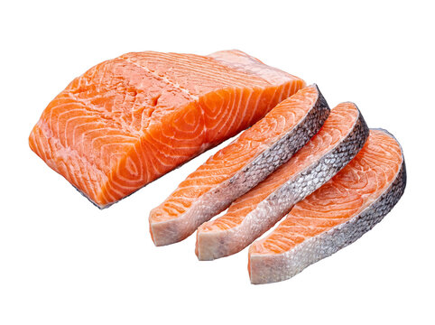 Variety of fresh raw salmon cuts, including a large fillet and three vibrant steaks, rich in nutrients.