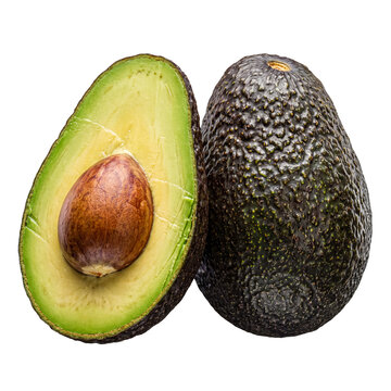 Whole ripe avocado alongside a perfectly halved one, showcasing the pit and creamy green flesh.