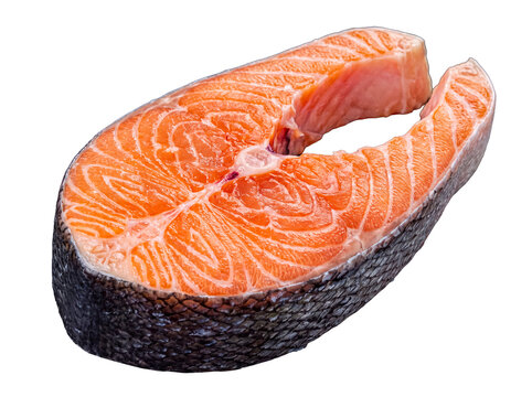 Fresh raw salmon steak, a vibrant orange fish fillet with skin, showcasing healthy omega-3 protein.