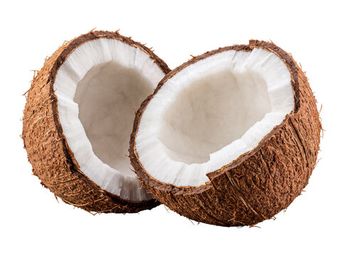 Vibrant photograph of a fresh coconut cut in half, showcasing white flesh, ready for culinary use.