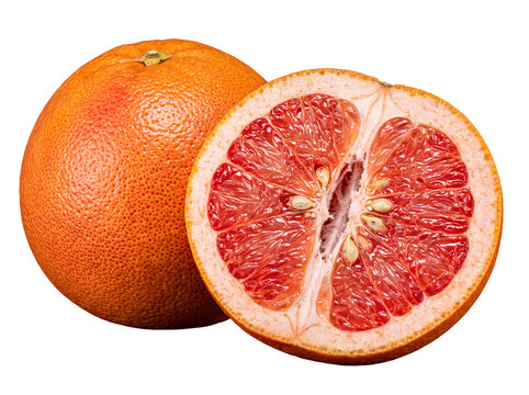 Vibrant pink grapefruit, one whole and one half-cut, displaying juicy segments and natural textures.