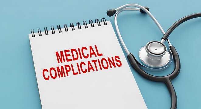A notebook with "Medical Complications" and a stethoscope on a blue surface