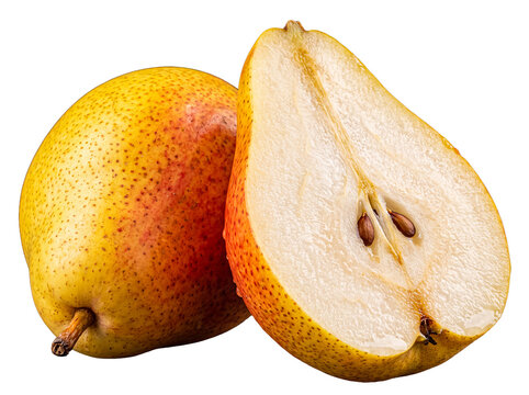 Fresh ripe pear fruit with a single cut half, displaying juicy flesh and seeds clearly visible.