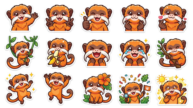 A collection of cute cartoon tamarin monkey stickers showing various emotions and actions like waving, thumbs up, eating banana, crying, and holding a branch.