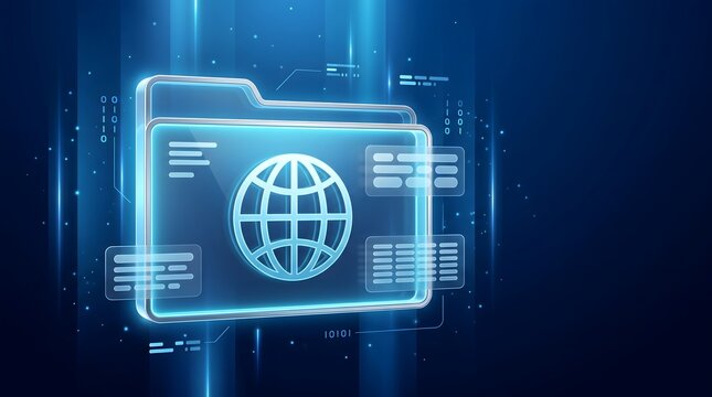 Digital folder with glowing globe icon and data streams