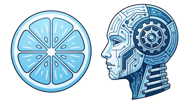 Abstract line art of lemon slice and robotic head